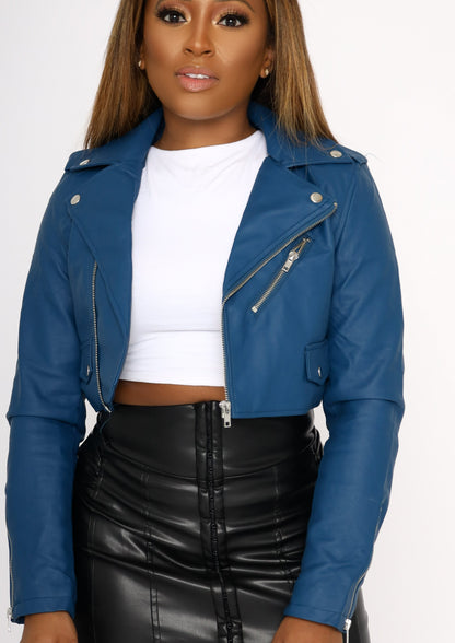 blue leather jacket, crop leather jacket, blue pleather jacket