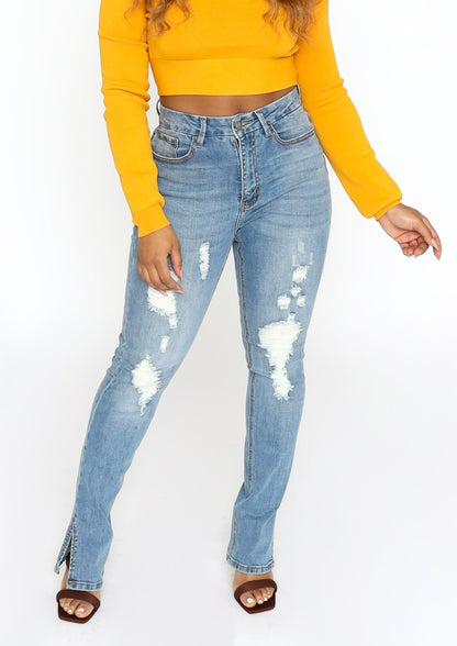 distressed side slit jeans